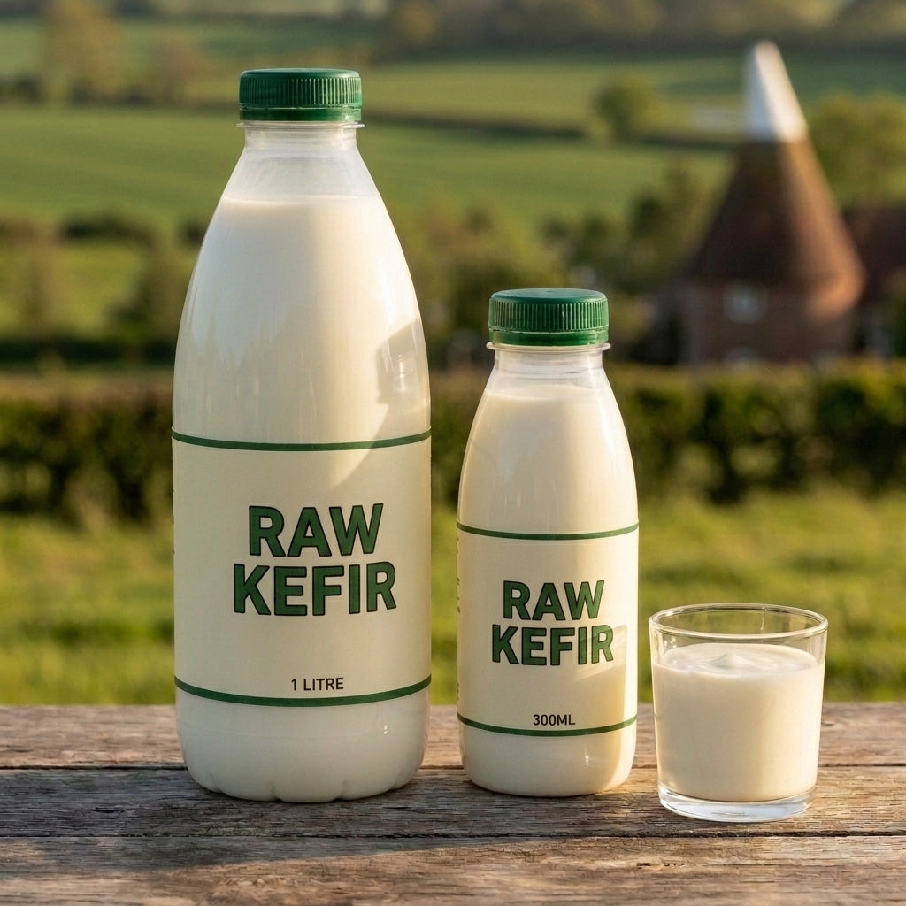 Raw kefir 1 litre and 300ml bottles with green caps and a glass of kefir on a rustic oak table in the Kent countryside
