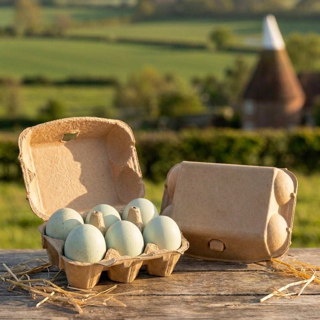 Blue free-range eggs with straw on an oak farmhouse table