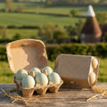 Six blue free-range eggs in a kraft egg box on a rustic oak table in the Kent countryside