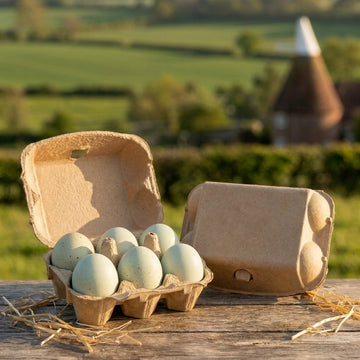 Six blue free-range eggs in a kraft egg box on a rustic oak table in the Kent countryside