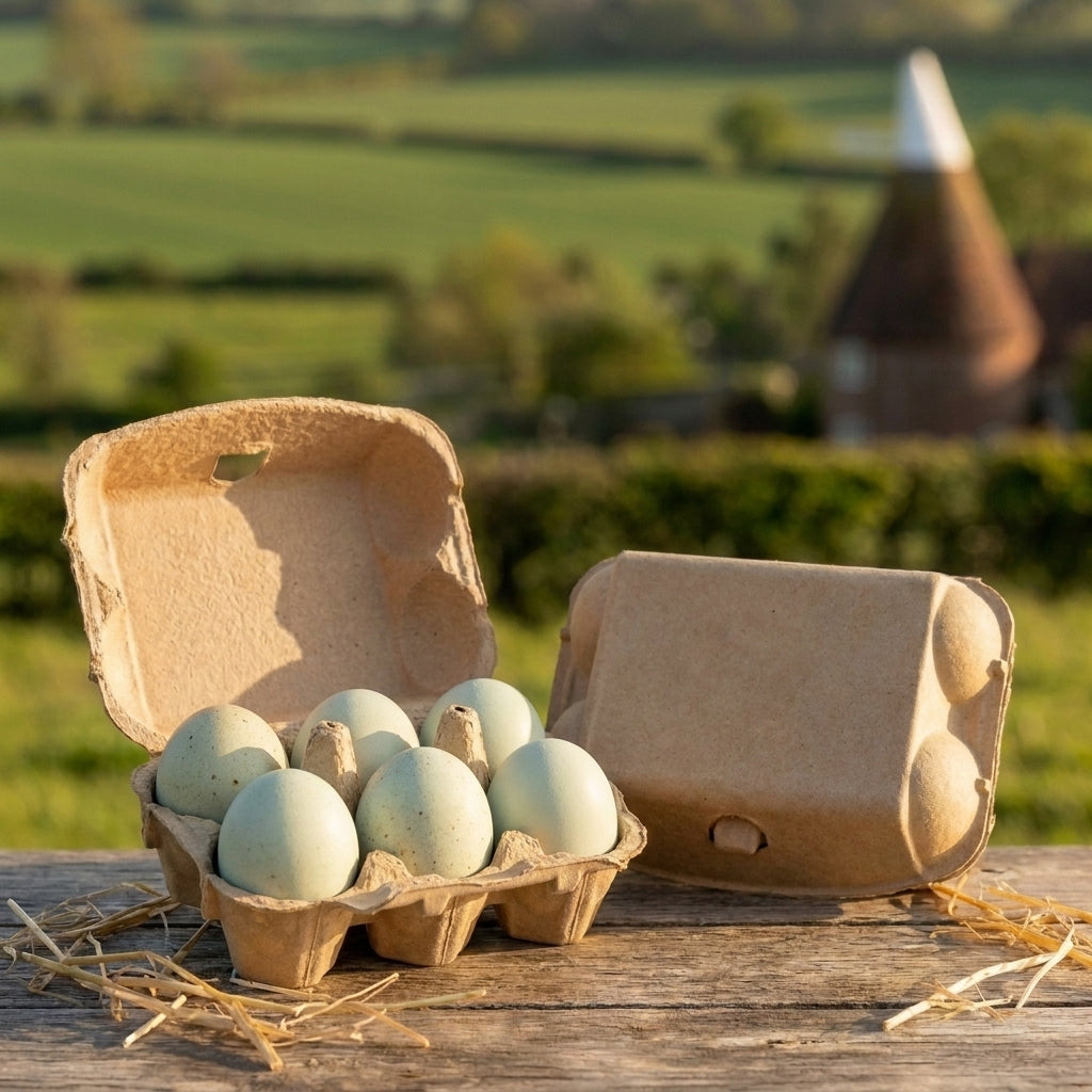 Six blue free-range eggs in a kraft egg box on a rustic oak table in the Kent countryside