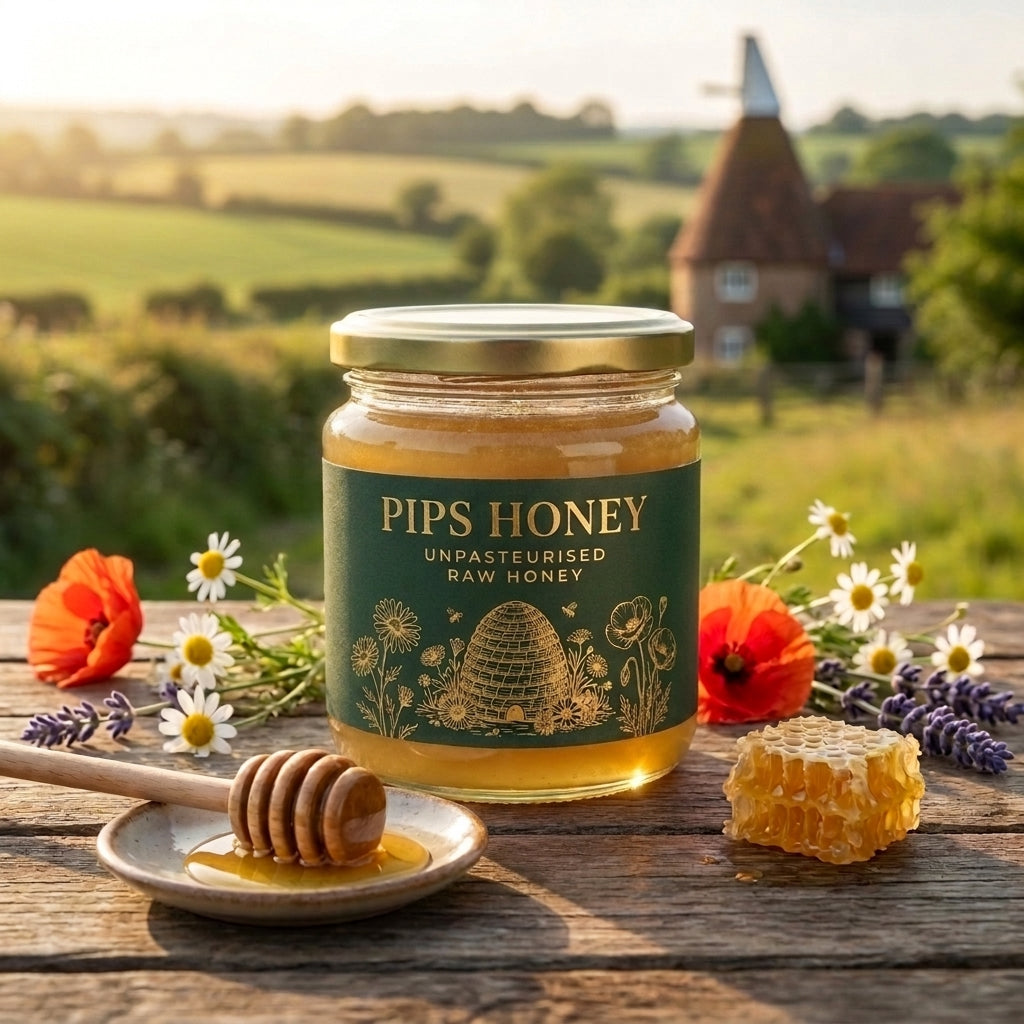 Pips Honey jar of cloudy raw honey with an oast house behind