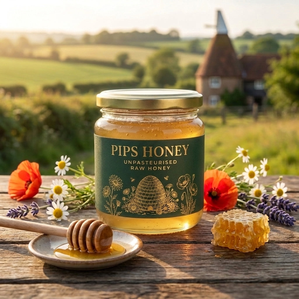 Pips Honey cloudy raw wildflower honey jar with green and gold label, honey dipper, honeycomb and wildflowers on an oak table in Kent