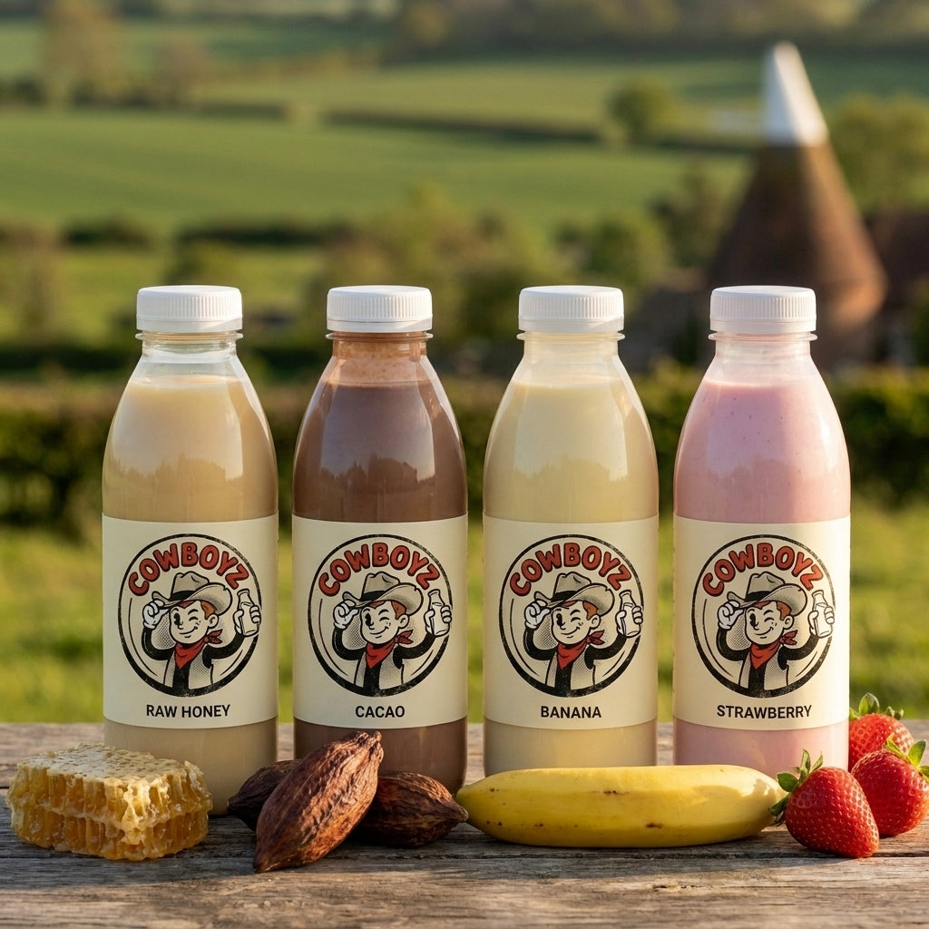 COWBOYZ raw milk milkshakes in raw honey, cacao, banana and strawberry on a rustic oak table