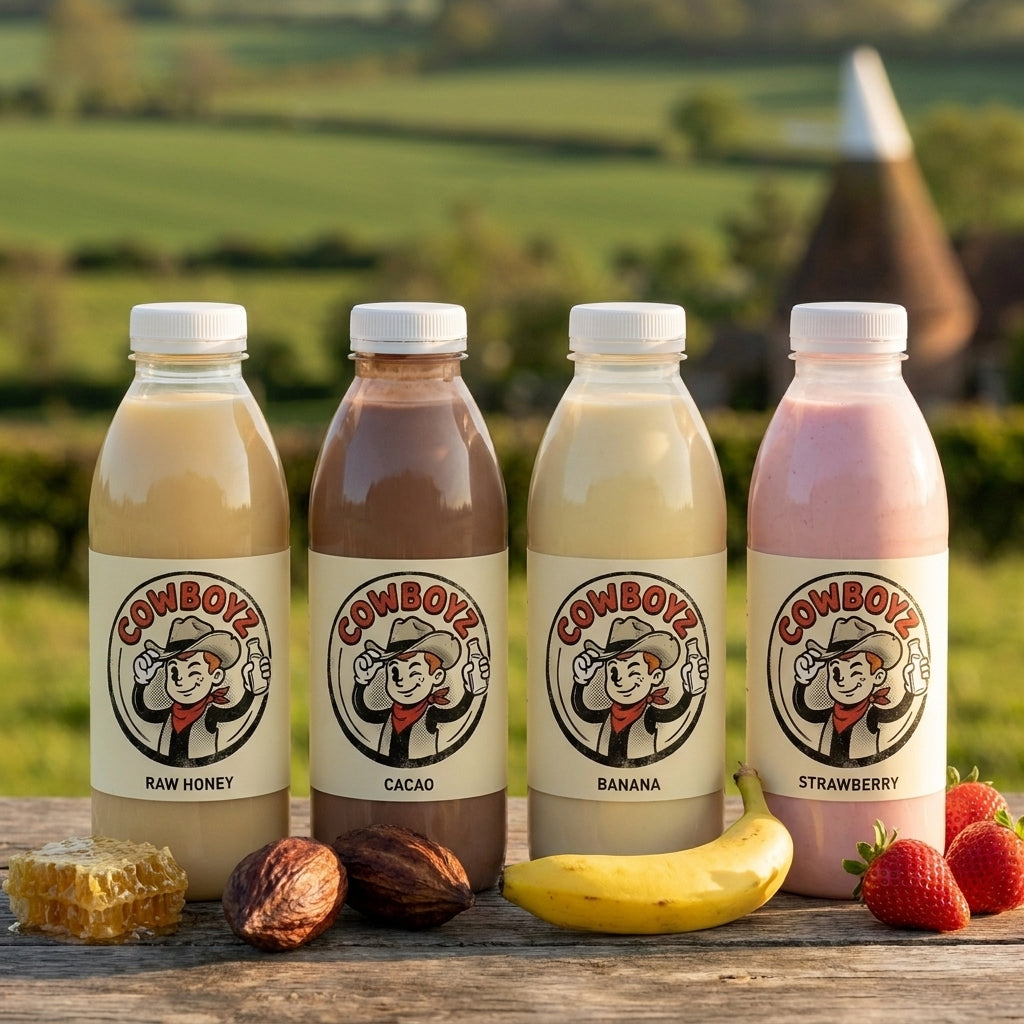 Four COWBOYZ milkshake flavours with honeycomb, cacao, banana and strawberries