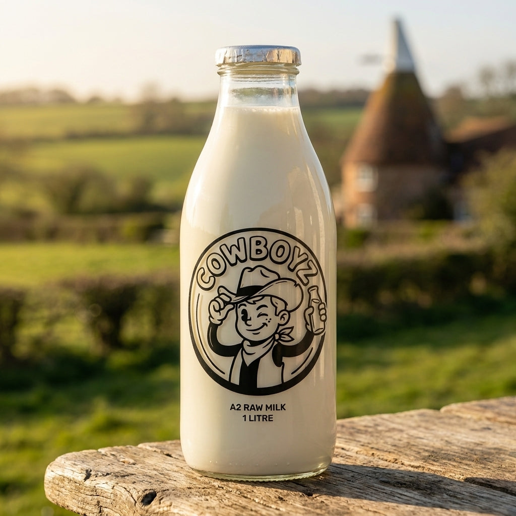 COWBOYZ A2 raw milk glass bottle on a rustic oak table in the Kent countryside