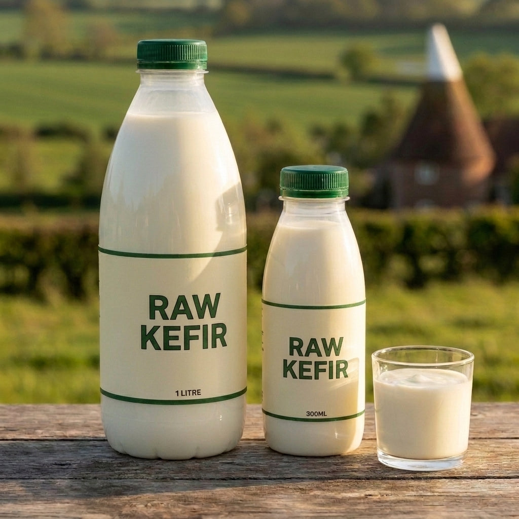 Raw kefir bottles on an oak table with an oast house behind