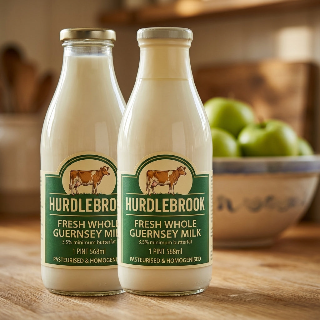 Hurdlebrook raw Guernsey milk glass bottles in a kitchen
