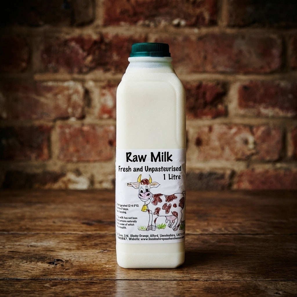 Lincolnshire Poacher raw milk 1 litre on oak table