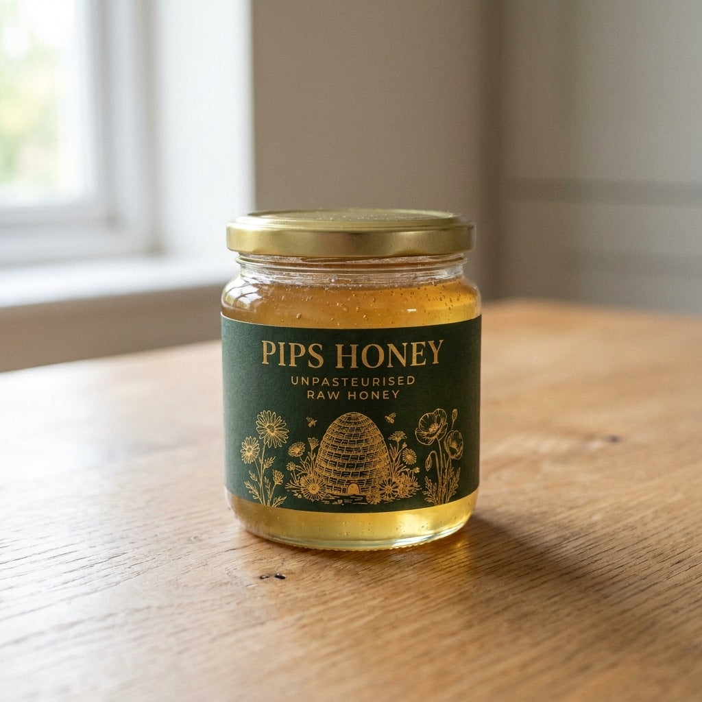 Pips Honey raw wildflower honey jar on a table