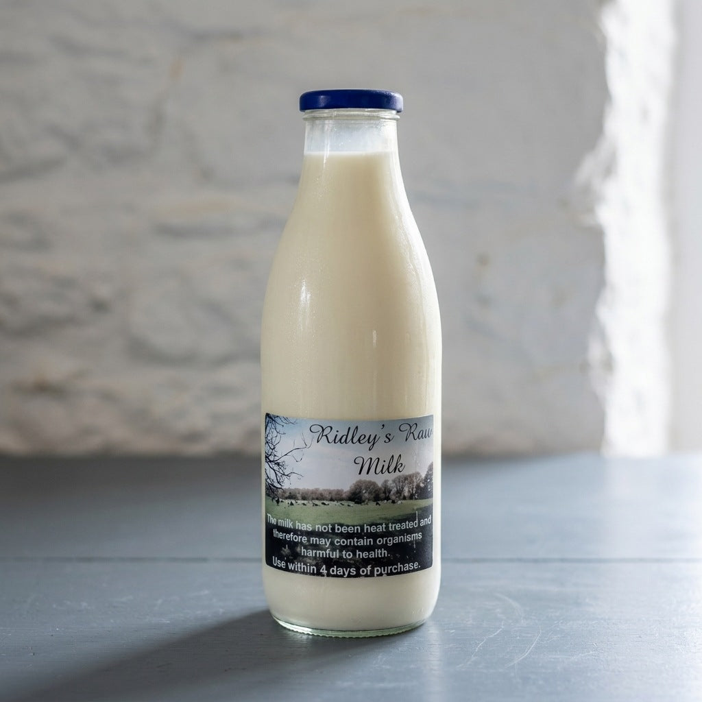 Ridley's raw milk in a 1 litre glass bottle
