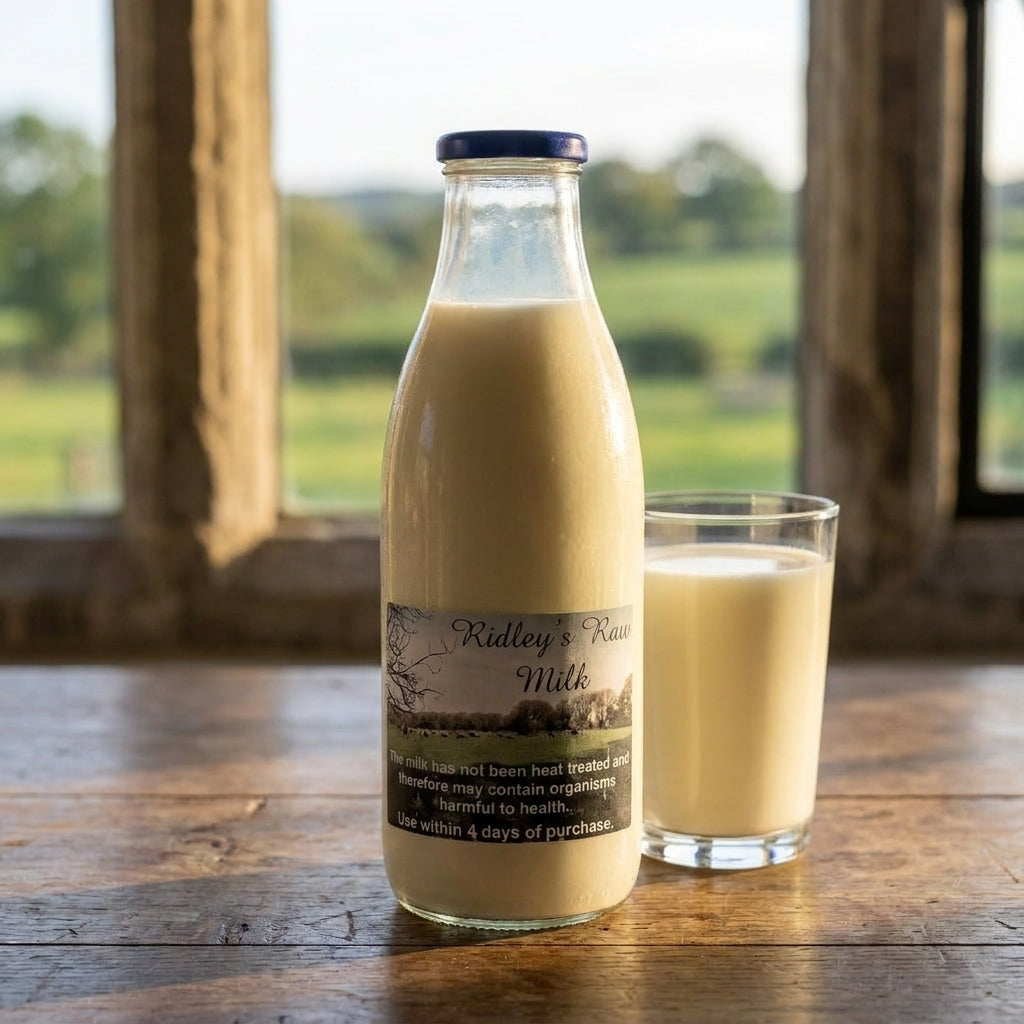 Ridley's raw milk glass bottle by a farmhouse window