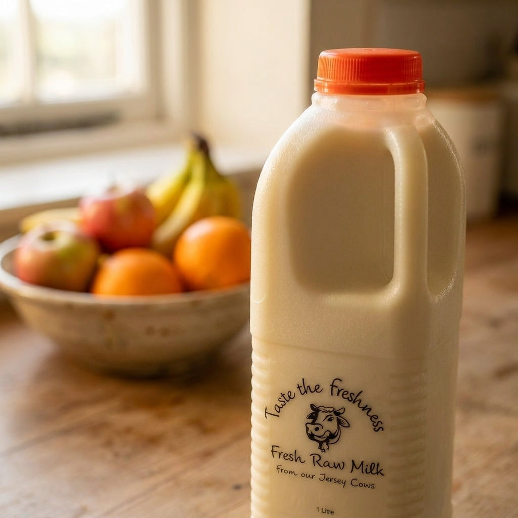 Wayside Farm raw Jersey milk jug close-up in a farmhouse kitchen