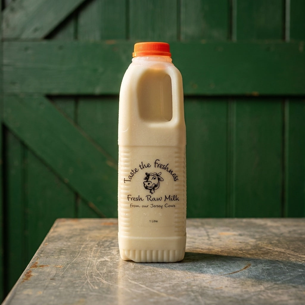 Wayside Farm fresh raw Jersey milk on a zinc table